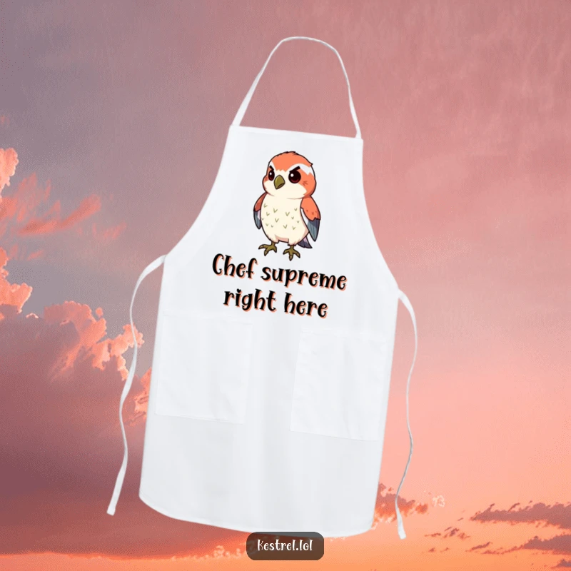 Funny proud kestrel apron displaying a kestrel character with its chest puffed out, perfect for cooking.