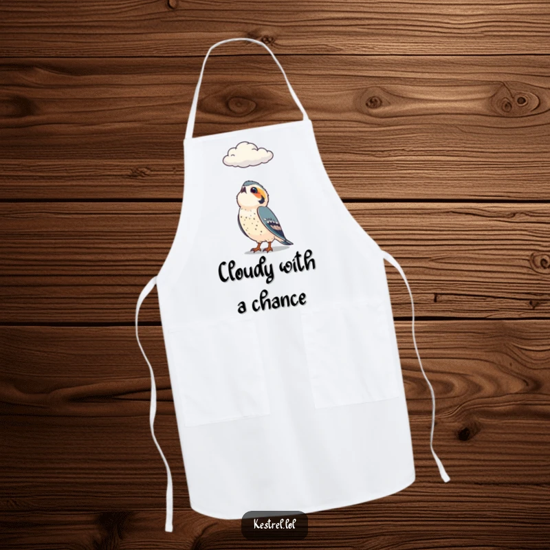 Funny apron showing a curious kestrel character looking up at a cloud, perfect for a humorous and thoughtful cooking experience.