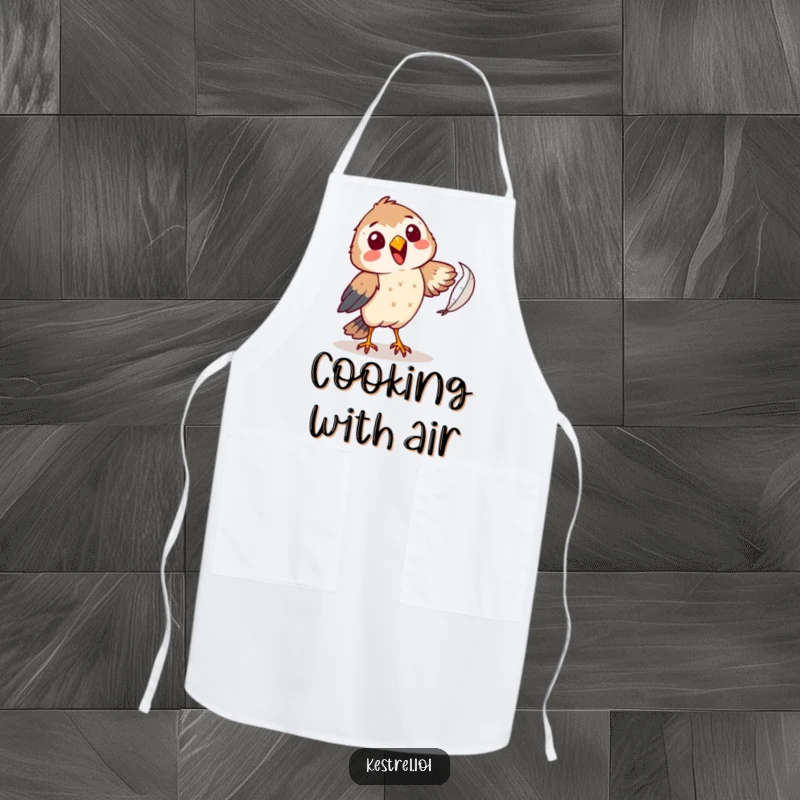 Funny kestrel apron with a cheerful character comically attempting to catch a falling feather, perfect for adding humorous flair to kitchen tasks.