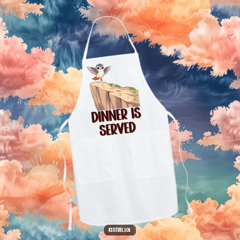 Funny focused kestrel apron showing a kestrel character landing gracefully on a cliff edge, ideal for cooking.