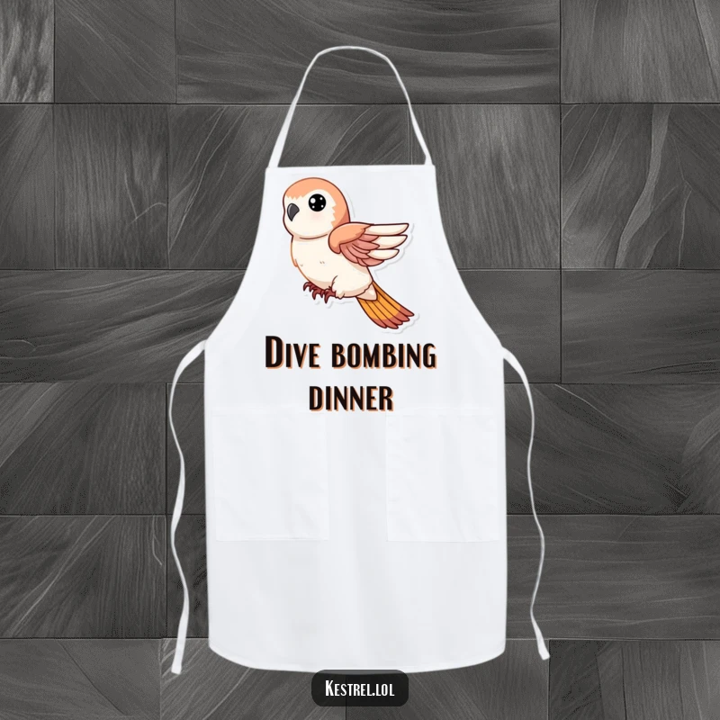 Funny apron showing a kestrel character in a swift descent with tucked wings, perfect for a humorous and action-filled cooking experience.