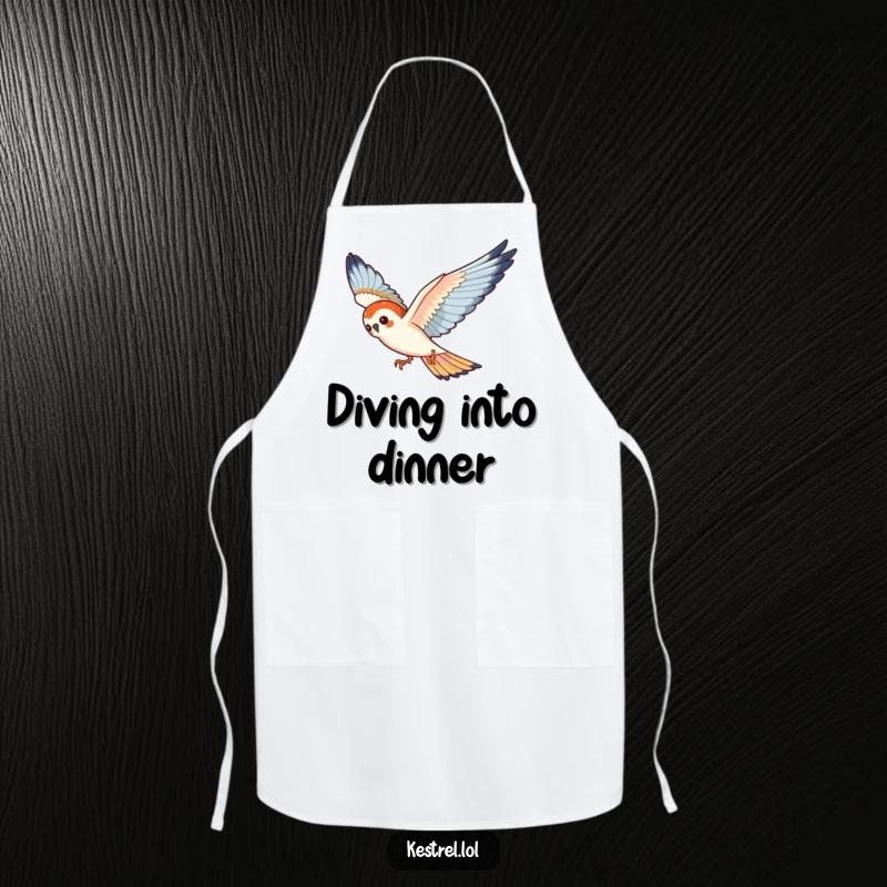 Funny kestrel apron featuring a playful bird gracefully diving through the air, ready for kitchen action.