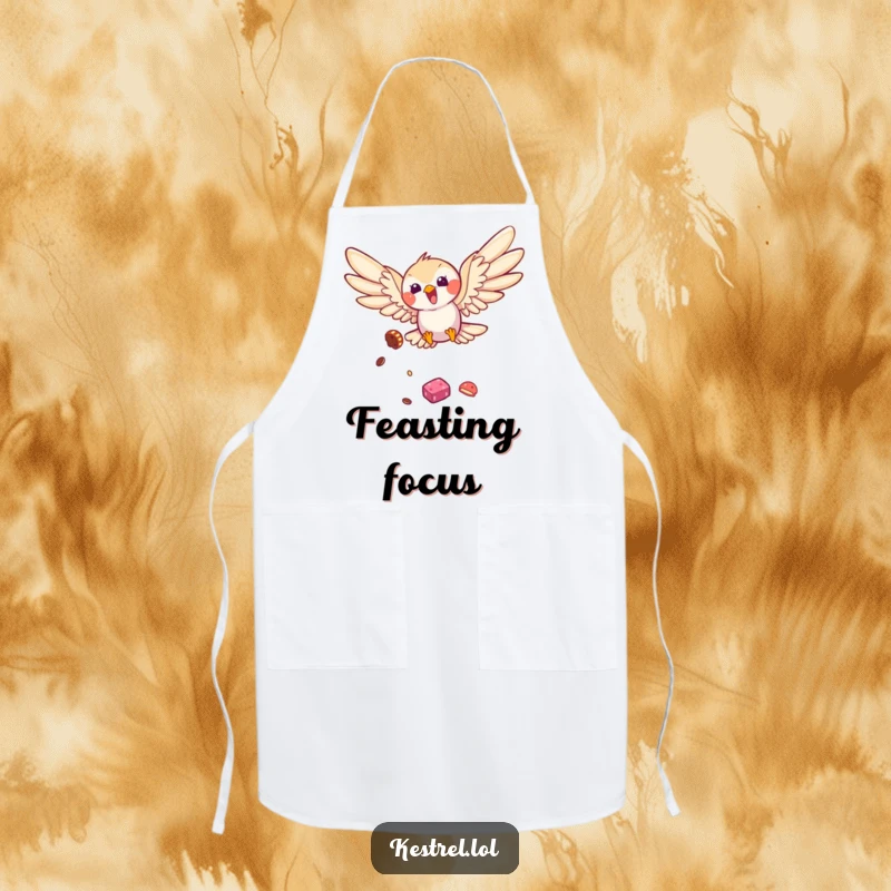 Funny kestrel apron showing a bird diving playfully, perfect for kitchen fun, a humorous and practical gift for cooks and bird fans.