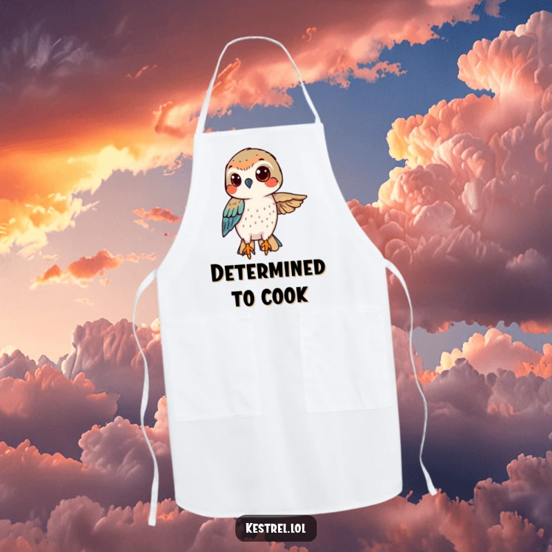 Funny kestrel apron showing a determined bird hovering with a confident gaze, ready for kitchen tasks.