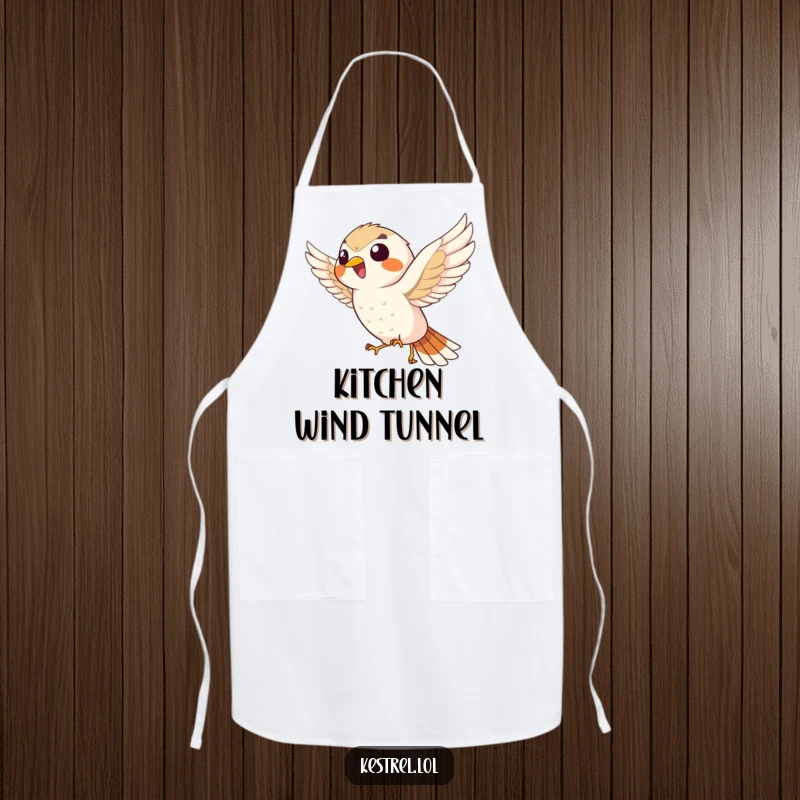 Funny giggling kestrel apron, showing the bird hovering with unrestrained laughter, a humorous addition to kitchen attire.