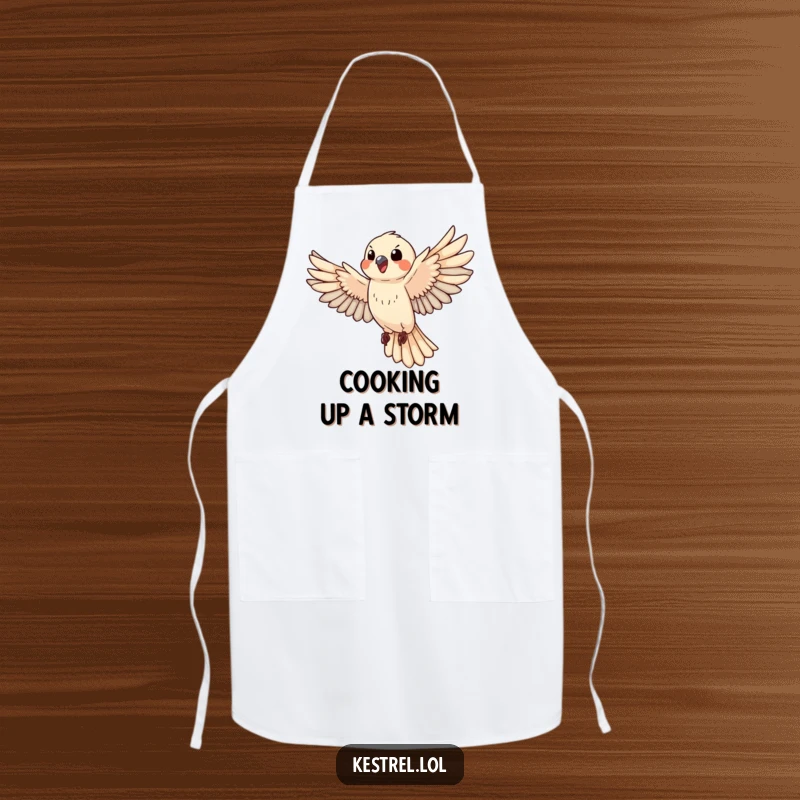 Funny happy kestrel apron, showing a bird flapping wings during flight, functional and fun kitchen wear.
