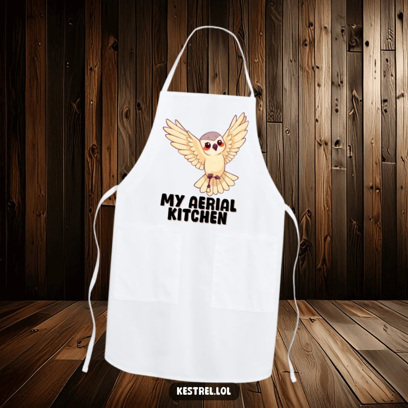 Funny apron showcasing a kestrel character performing a graceful aerial maneuver, perfect for stylish kitchen fun.