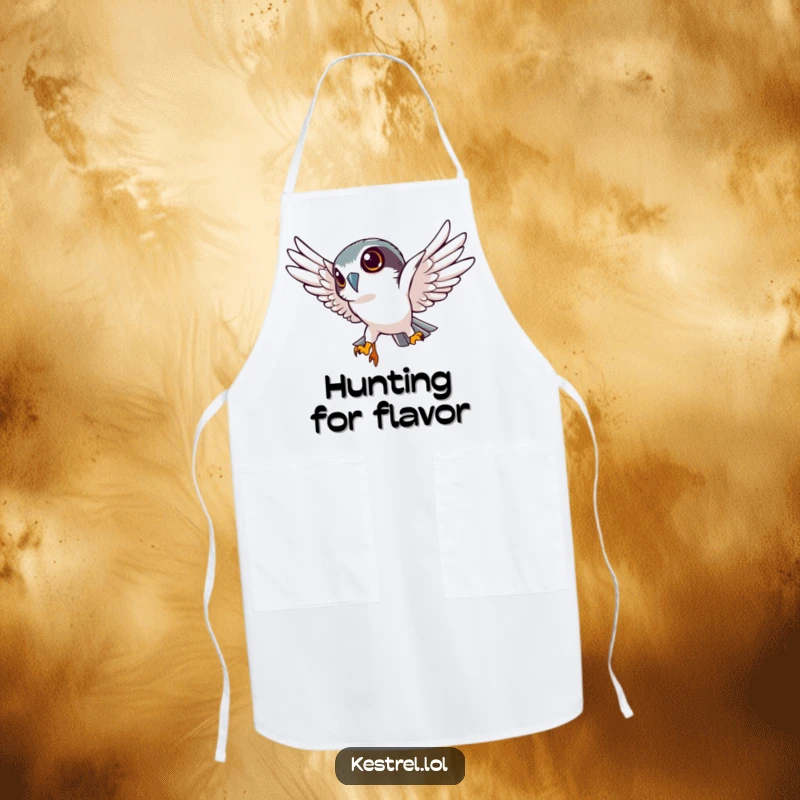 Funny kestrel apron featuring a determined kestrel character diving sharply downwards, adding a humorous and focused touch to kitchen wear.