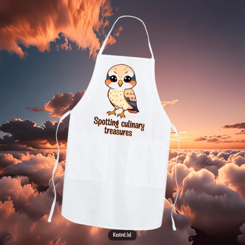 Funny kestrel apron showing a cheerful bird with sharp eyes, intently scanning the ground, ready to cook.