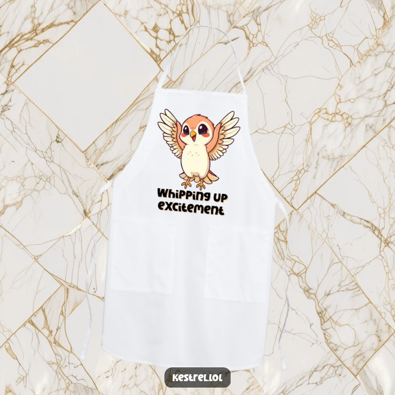 Funny apron depicting a cheerful kestrel character flapping its wings with infectious energy, adding humor to any culinary adventure.