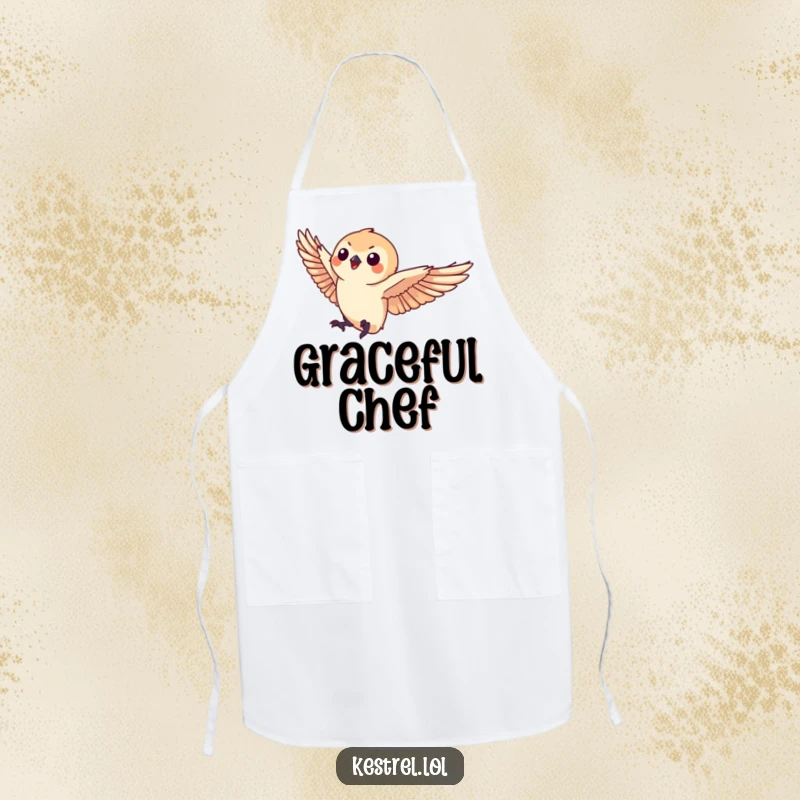 Funny kestrel apron showing a small kestrel character landing gracefully, perfect for a stylish and humorous kitchen.