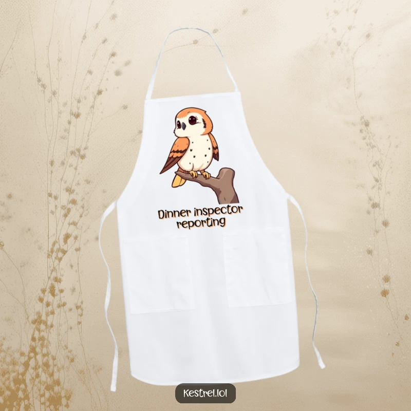 Funny kestrel apron showing a bird of prey keenly observing from a high perch, perfect for kitchen tasks.