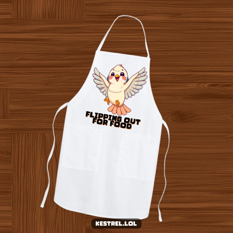 Funny kestrel apron showing a kestrel doing a playful aerial loop, practical for cooking and humorous for bird lovers, a great gift.