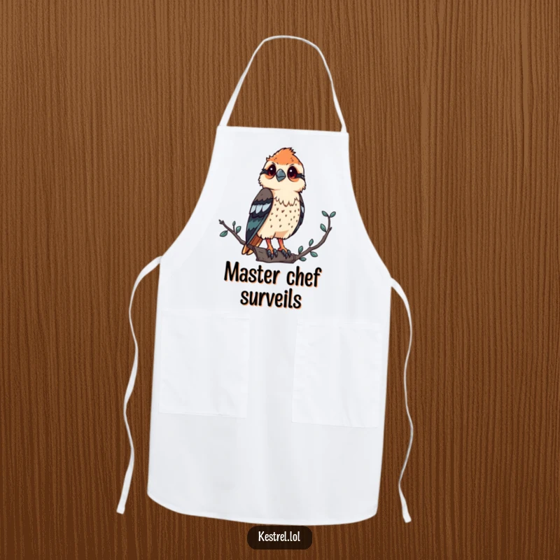 Funny kestrel apron showing a proud bird of prey character observing from a high vantage point, perfect for kitchen observation.