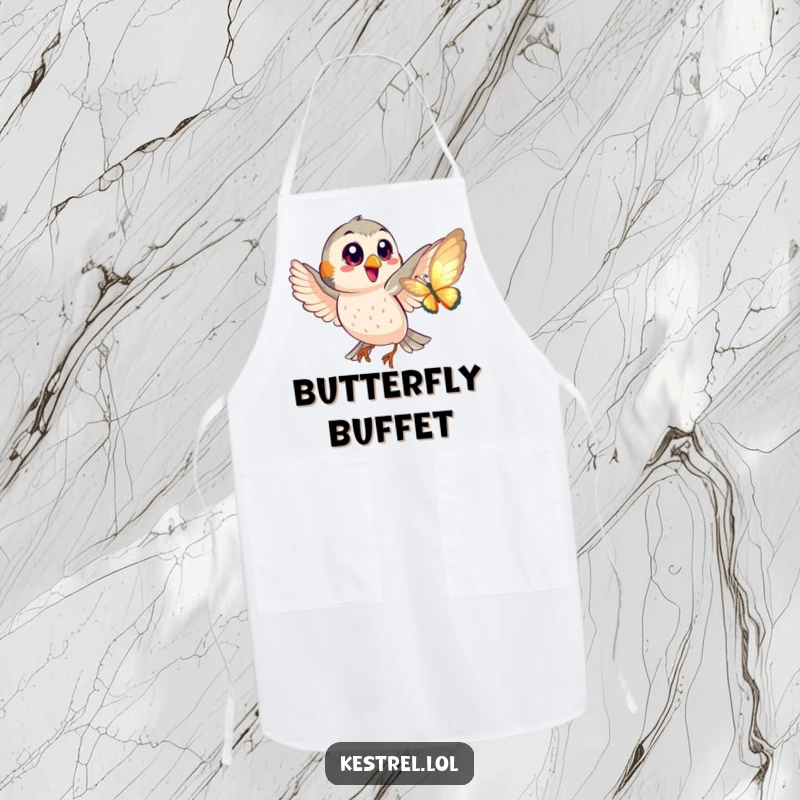 Funny apron showing a happy kestrel with big eyes playfully chasing a shimmering butterfly, ready for culinary fun.