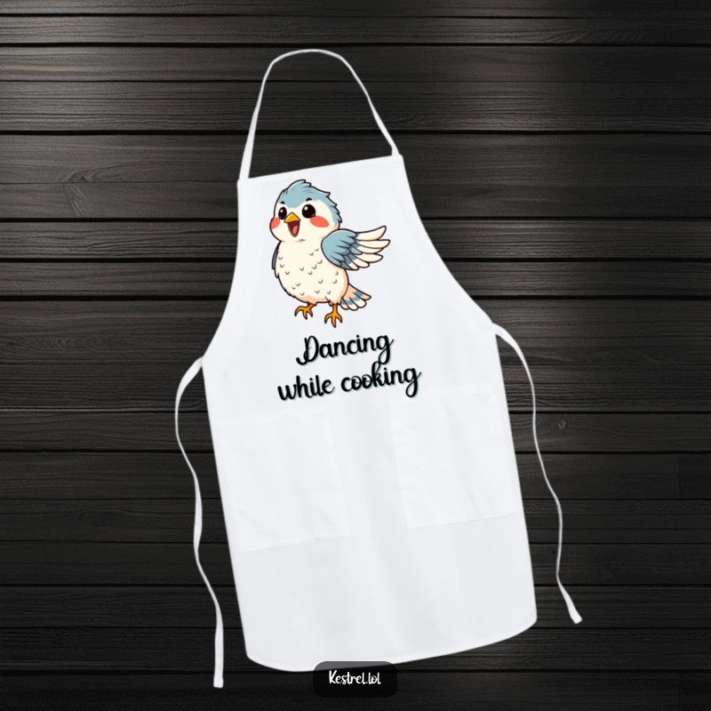 Funny kestrel apron with a delighted bird dancing in the wind, feathers ruffled, adding humor to cooking.