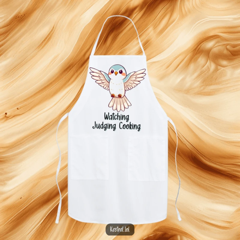 Funny kestrel hovering apron, showing a happy bird in flight, perfect for kitchen fun and a unique chef's gift.