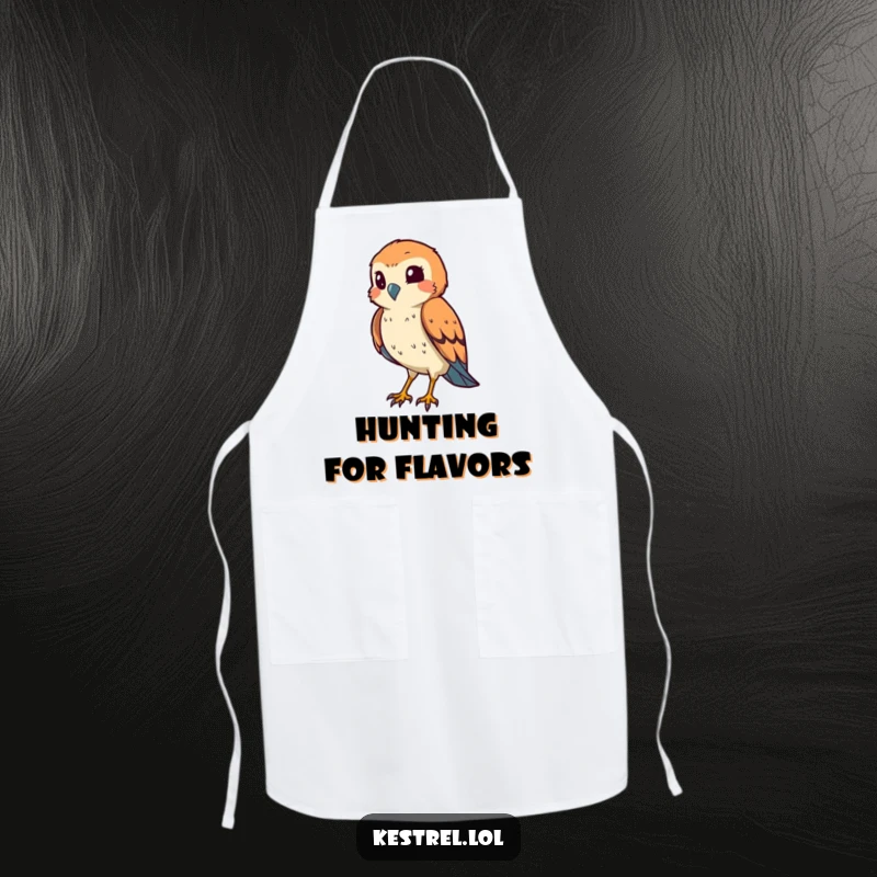 Funny kestrel apron with a smiling bird squinting its eye in a hunting pose, adding humor to cooking.