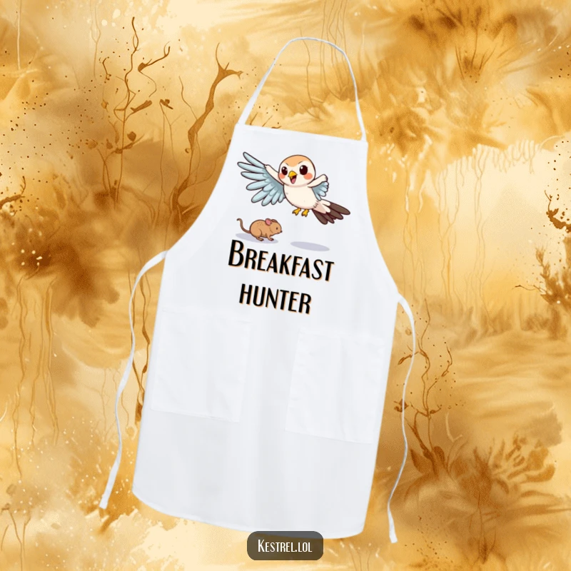 Funny apron showing a cartoon kestrel comically swooping down with outstretched wings, ready for kitchen action.