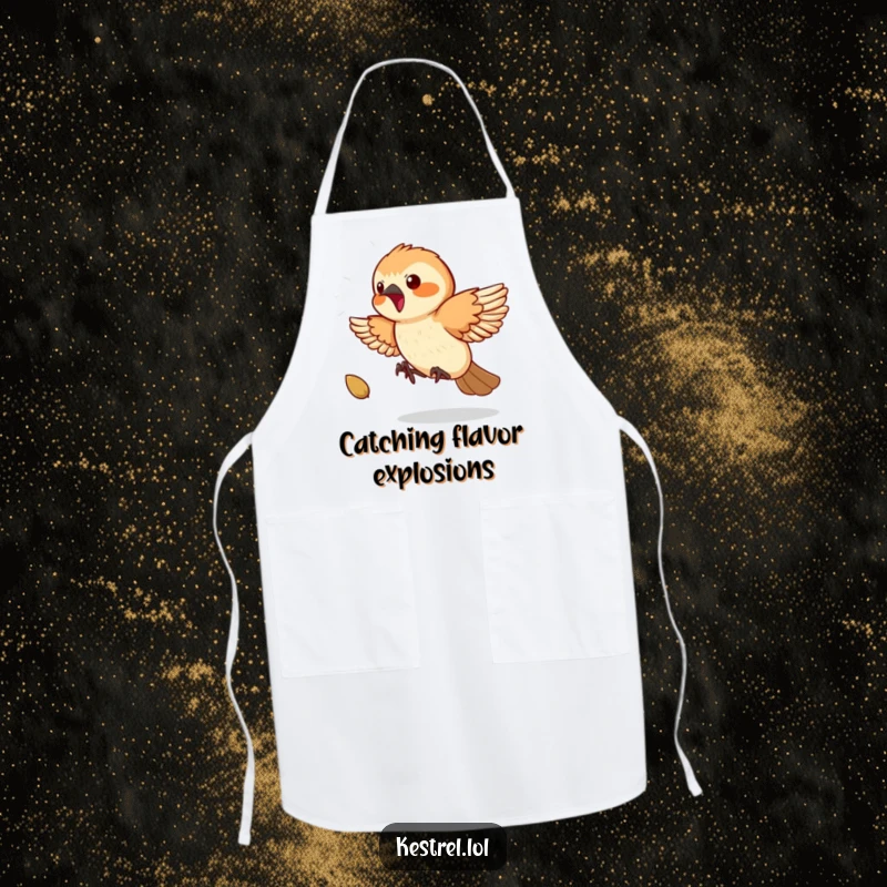Funny Kestrel Apron: A playful kestrel comically chases a bouncing seed while wearing an apron, adding fun to the kitchen.