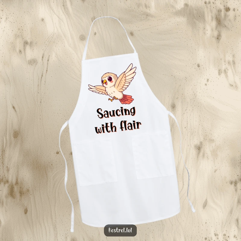 Funny kestrel apron, cute bird character bravely soaring sideways, kitchen wear, humorous cooking accessory.