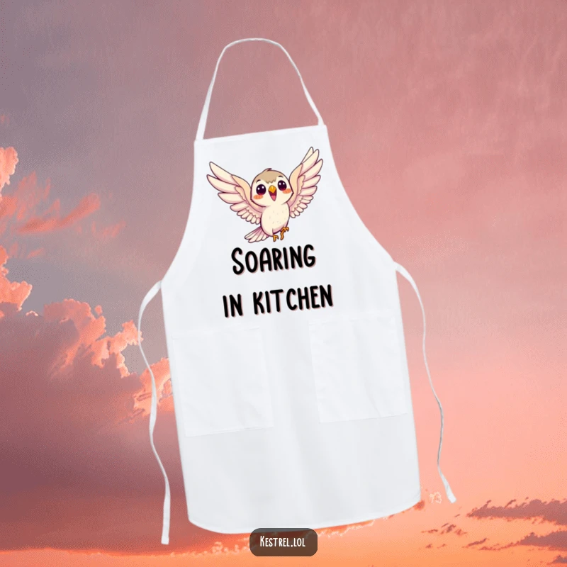 Funny smiling kestrel apron, showing the bird eagerly soaring with outstretched wings, a humorous and practical kitchen essential.