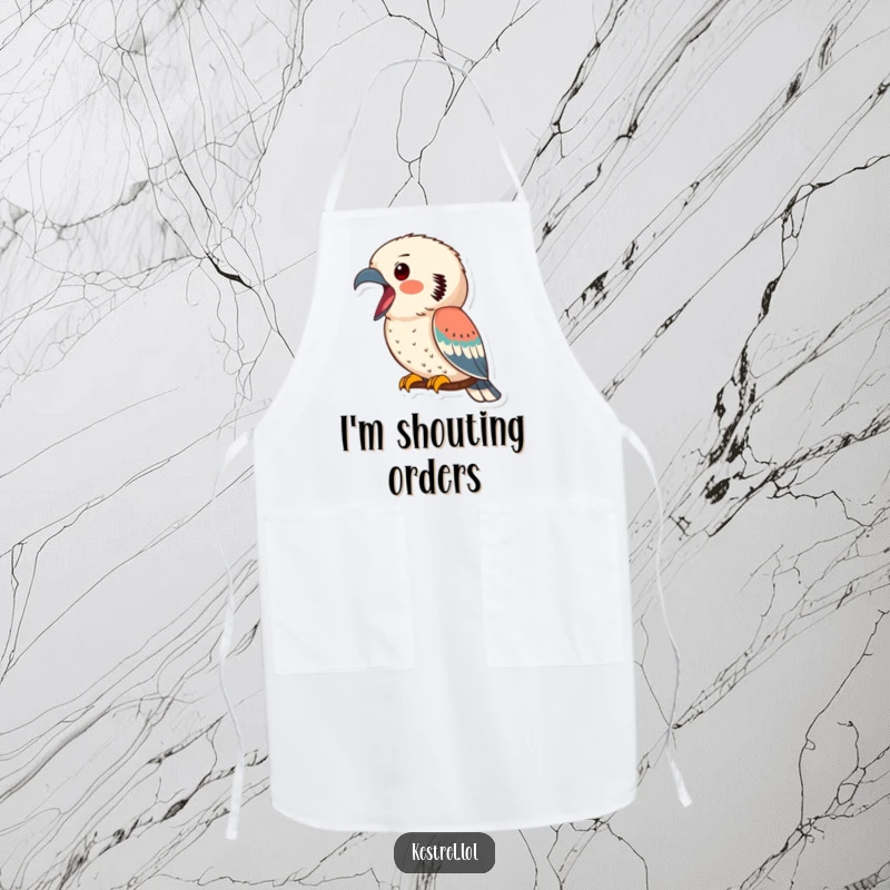 Funny kestrel apron, a kestrel calling out with beak open, perfect for kitchen duties with a humorous bird-themed design.