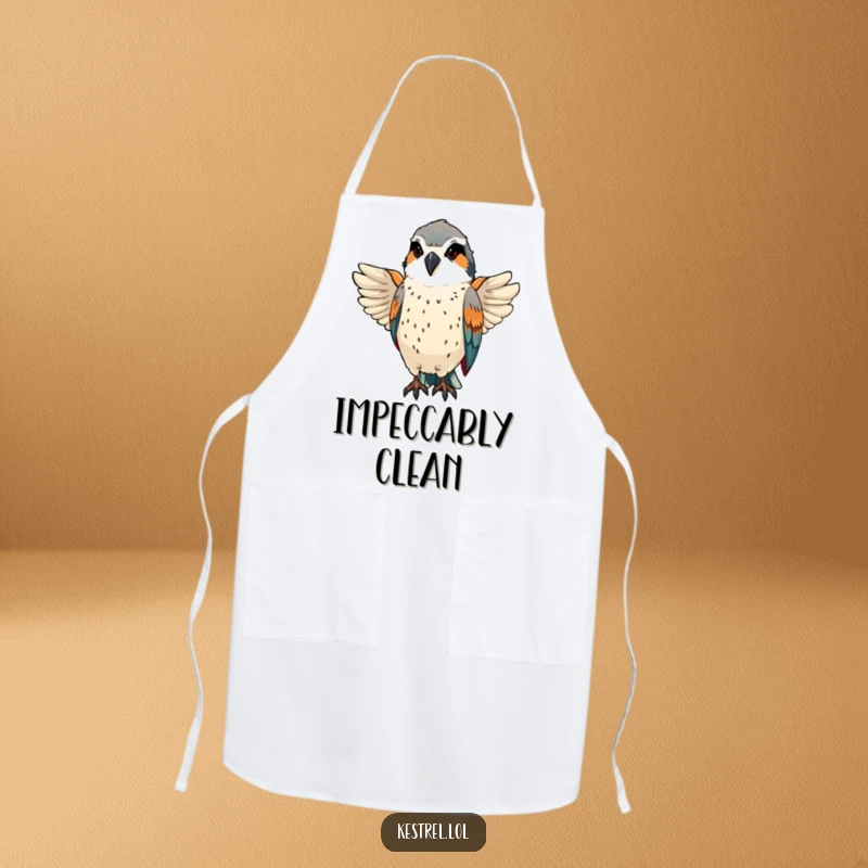 Funny kestrel preens sleek feathers with a proud, focused expression on a chef's apron.