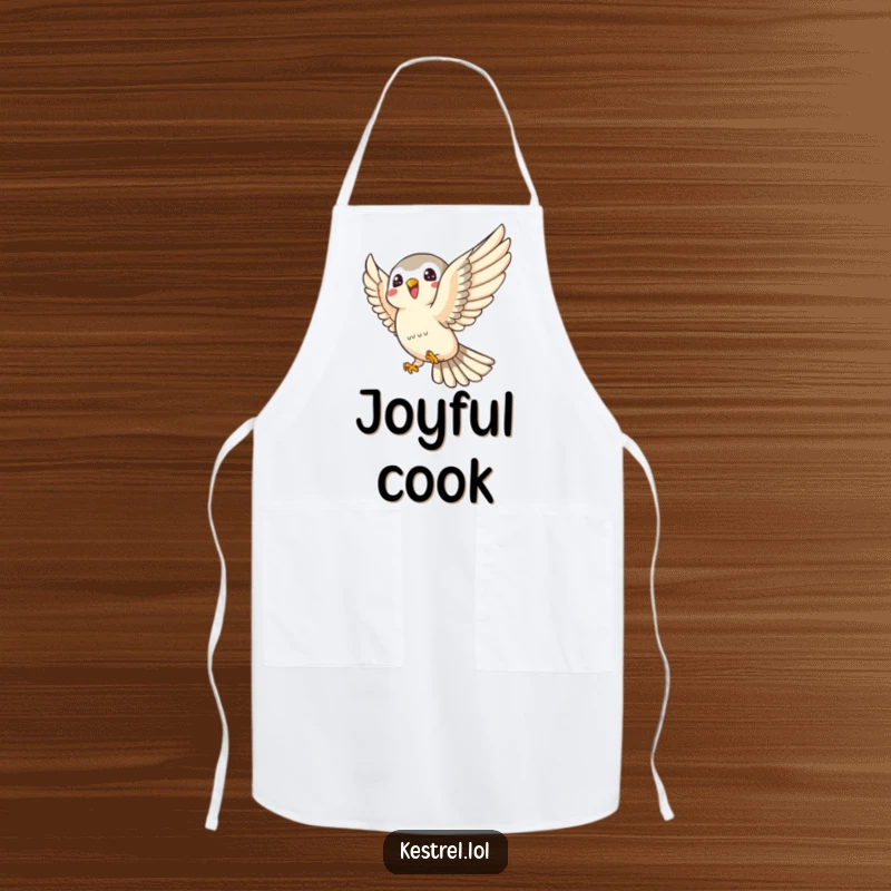 Funny kestrel apron showing a joyful kestrel character swooping playfully, perfect for a fun and energetic kitchen.