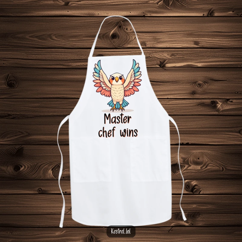 Funny triumphant kestrel apron showing a kestrel character raising its wings in victory, perfect for cooking.