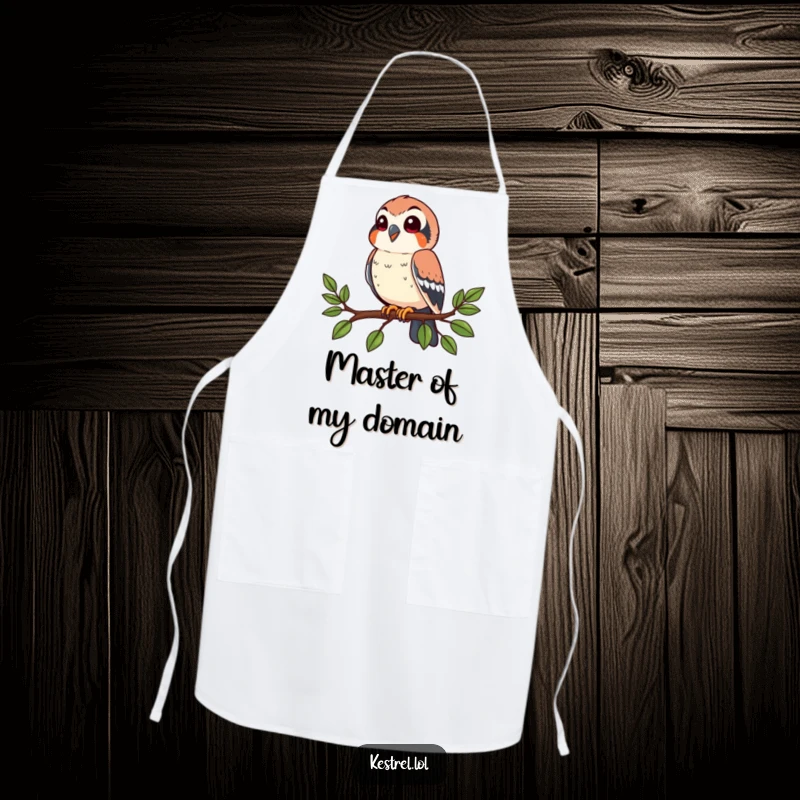 Funny kestrel apron featuring a happy bird perched on a branch, looking around. Protective and humorous kitchen wear.
