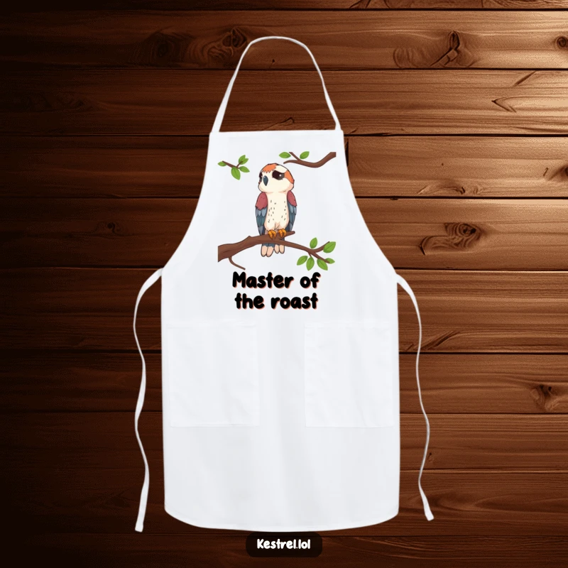 Funny Kestrel Perched Apron with a kestrel perched on a branch, adding humorous flair to cooking.