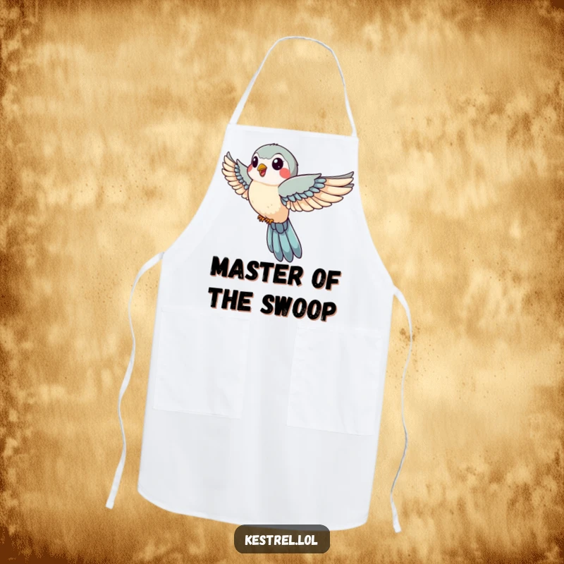 Funny apron featuring a jovial kestrel with wings tucked in swift descent, designed for cooks who want to add speed, fun, and humor to their kitchen.