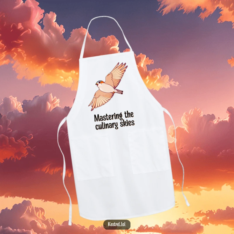 Funny kestrel apron, showing an energetic bird soaring in a wide arc, great for kitchen tasks and unique gifts.