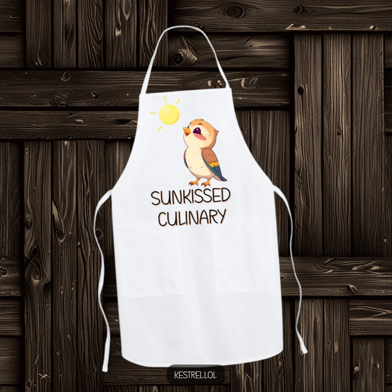 Funny kestrel apron showing a kestrel looking up at the sun with delight, practical for cooking and humorous for bird lovers, a great gift.