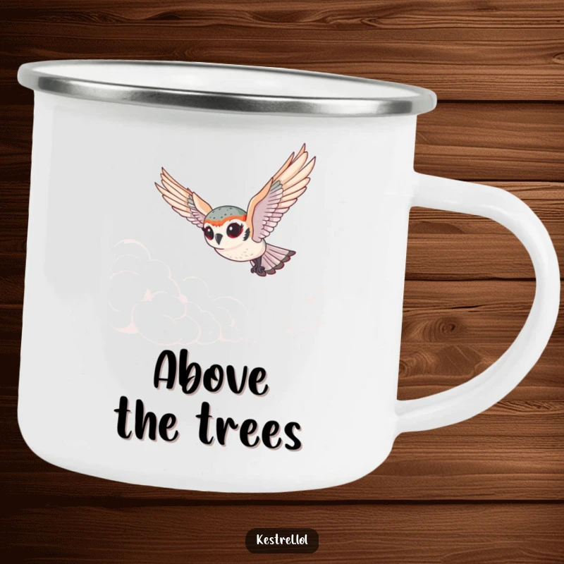 Funny tiny kestrel camping mug depicting a cute bird with exaggerated eyes gracefully diving through clouds, ready for any adventure with humorous whimsy.