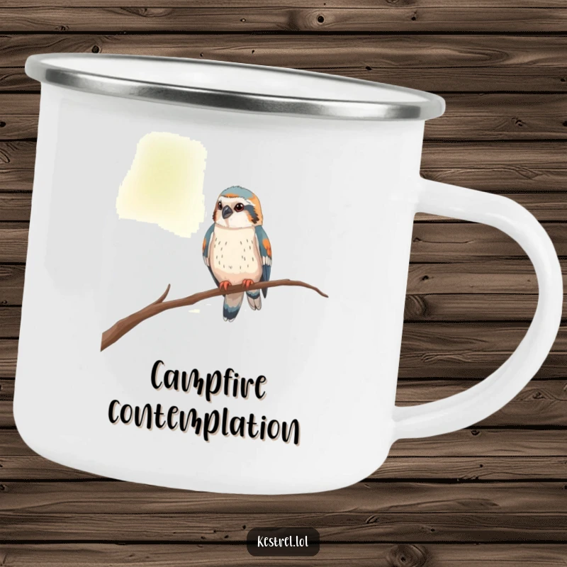 Funny kestrel camping mug showing a curious bird perched on a thin branch, looking around during adventures.