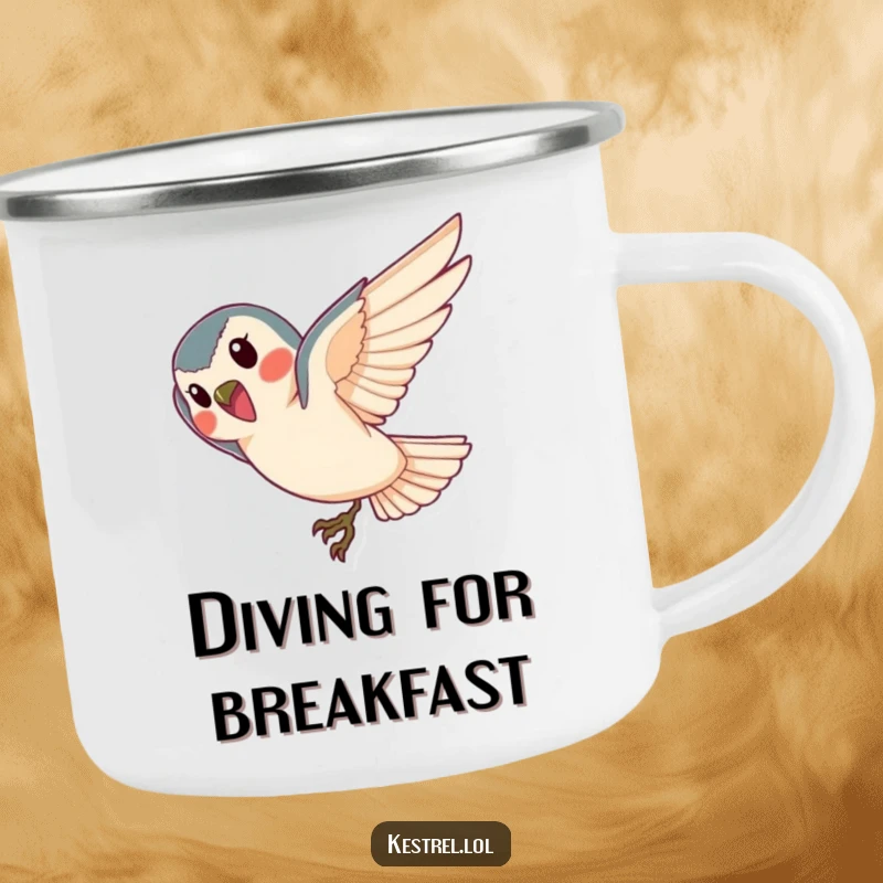 Funny kestrel camping mug, rugged drinkware with a cheerful bird diving gracefully, ideal for outdoor thrills.