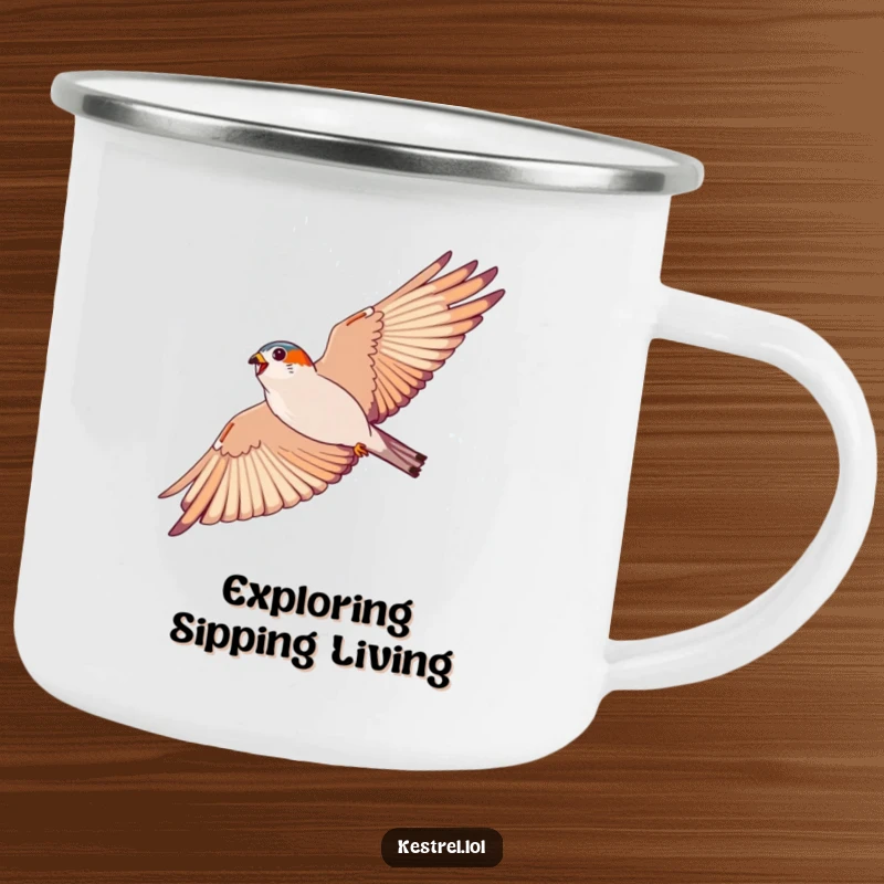 Funny kestrel camping mug, rugged drinkware with an energetic bird soaring in a wide arc; ideal for outdoors.
