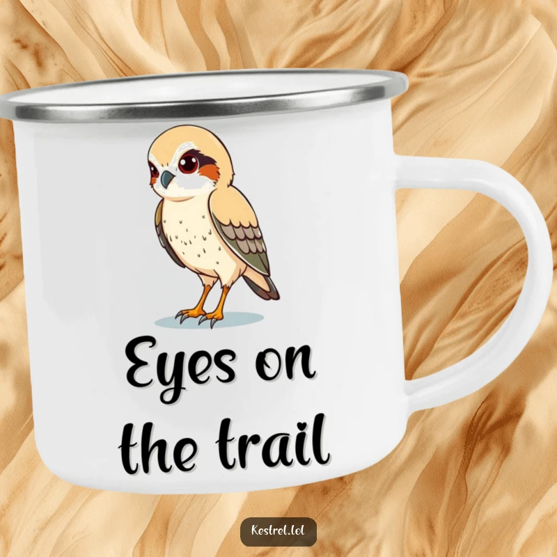 Funny camping mug featuring a kestrel character with sharp eyes, scanning the ground below, ready for alertness.