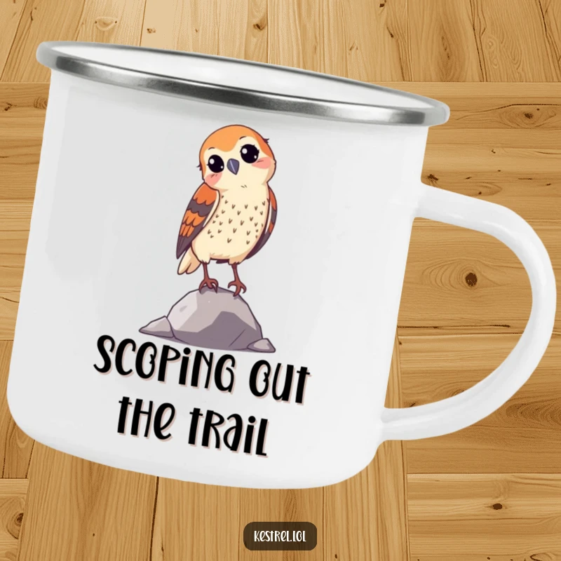 Funny curious kestrel camping mug, featuring a bird tilting its head, durable and humorous for outdoor use.