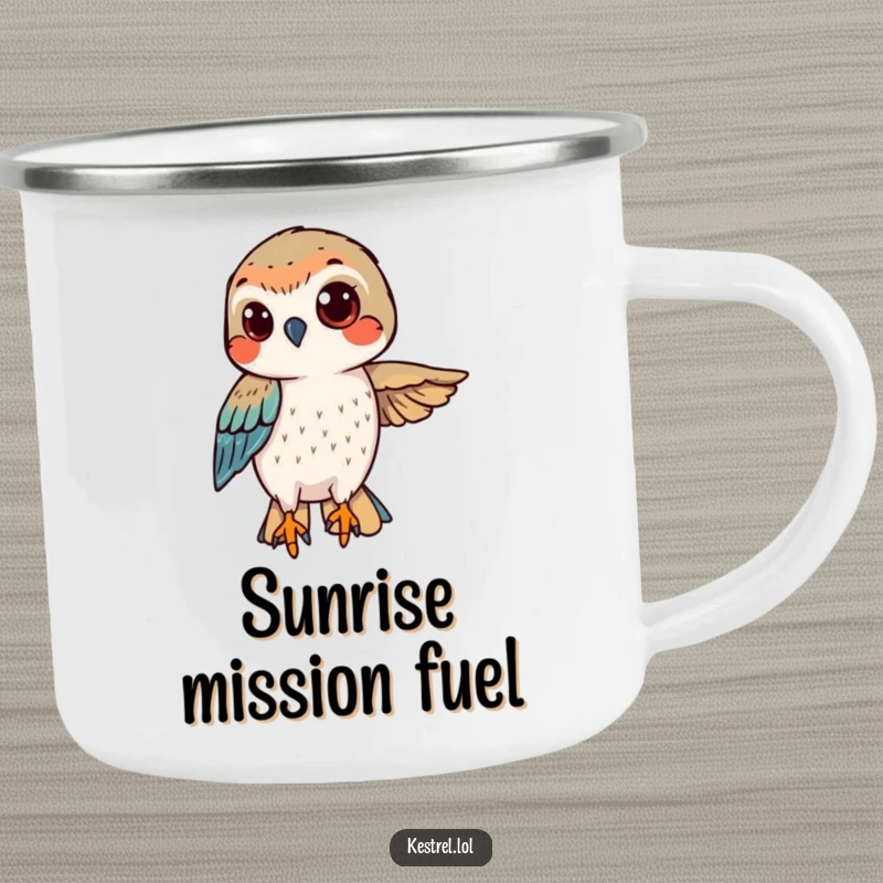Funny kestrel camping mug showing a determined bird hovering with a confident gaze, ready for challenges.