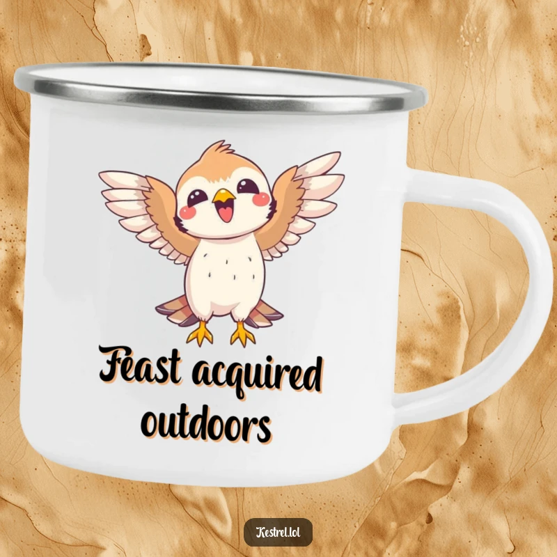 Funny kestrel camping mug showing a joyful bird celebrating a catch with open wings. Durable and humorous for adventurers.