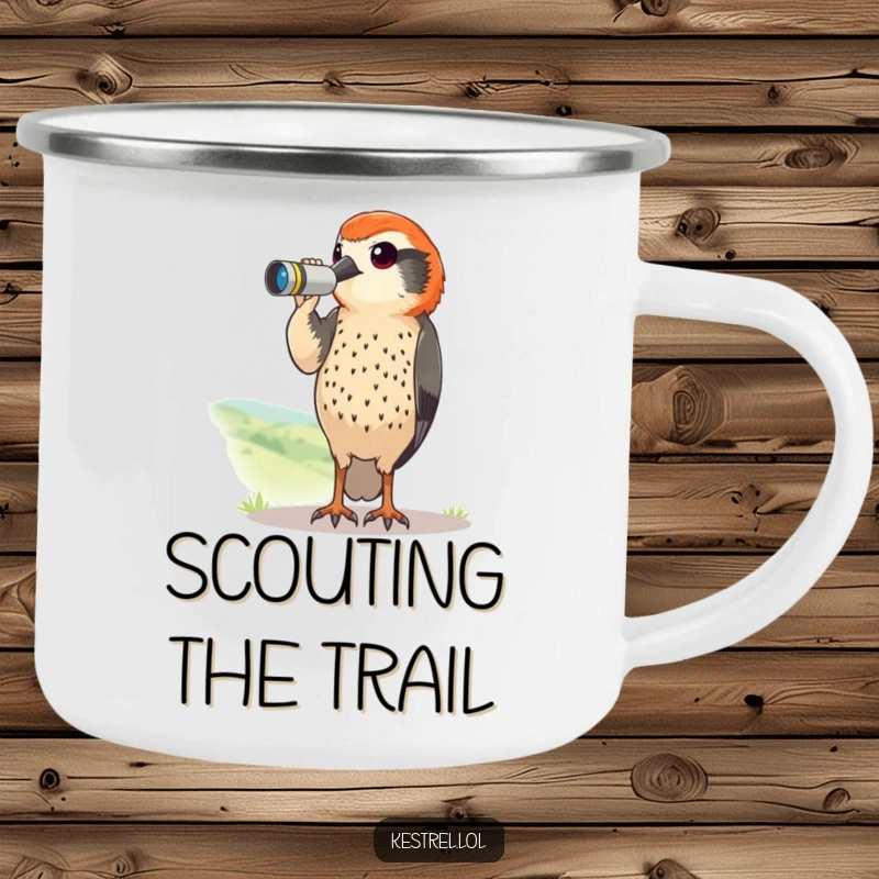 Funny kestrel camping mug with a curious bird using tiny binoculars to scan a landscape. Humorous and durable for outdoor use.