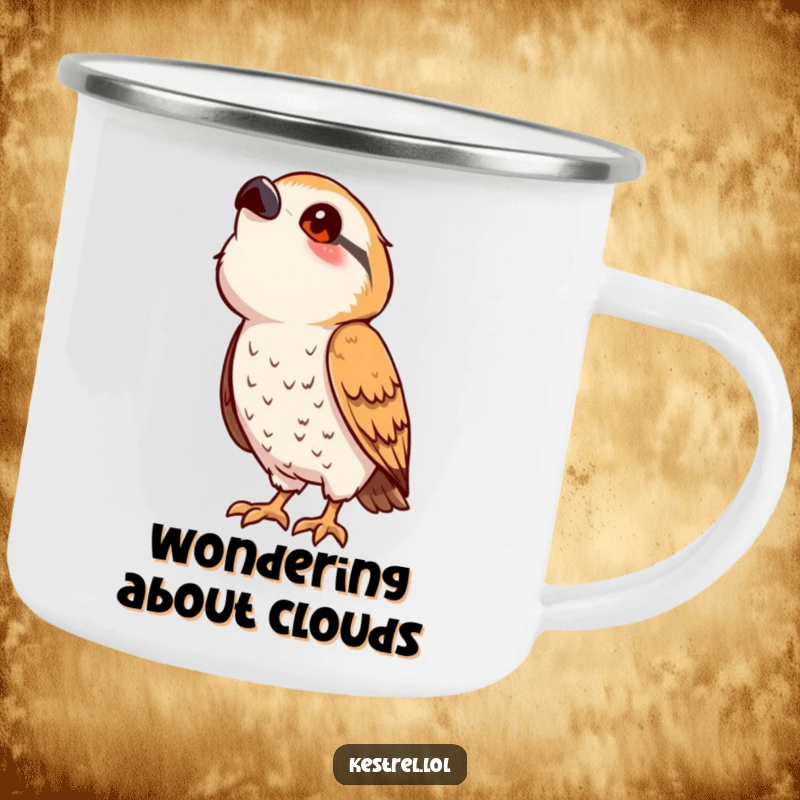 Funny kestrel camping mug with a cute, stylized bird character in a playful pose, looking curiously upwards, ideal for outdoor trips.