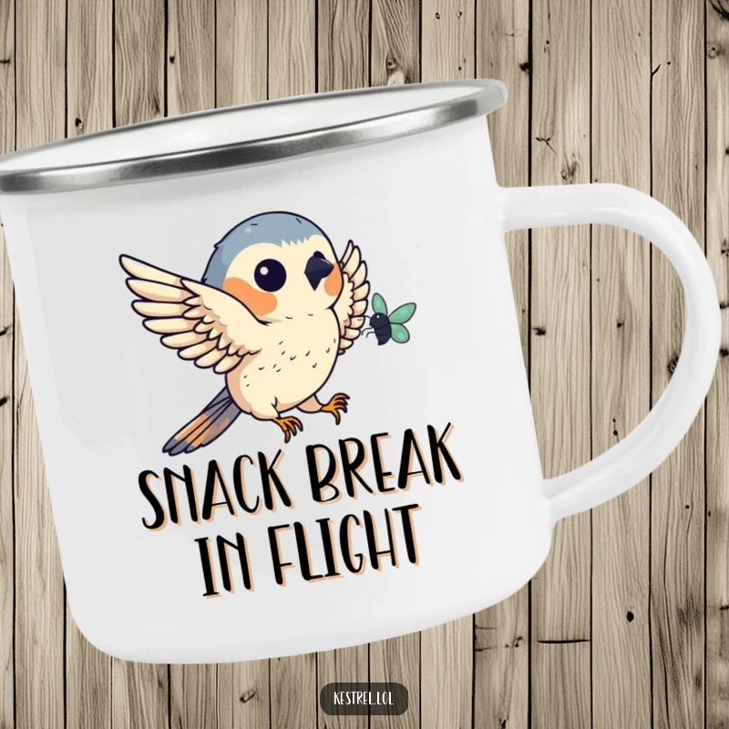 Funny kestrel camping mug showing a bird catching a bug mid-air, durable for adventures, a humorous gift for outdoor enthusiasts.