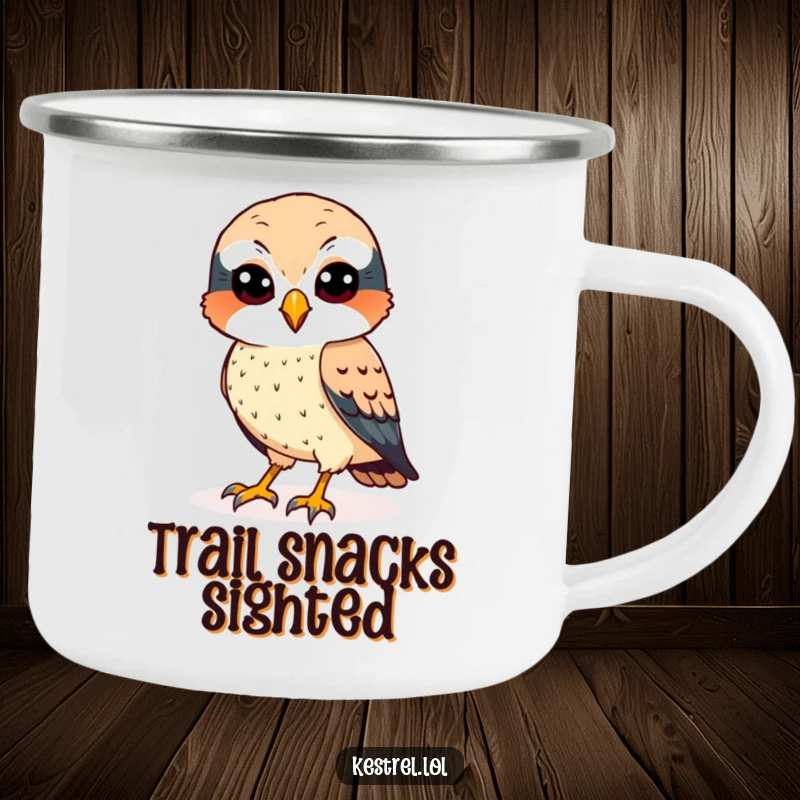 Funny kestrel camping mug showing a cheerful bird with sharp eyes, scanning the ground during outdoor adventures.