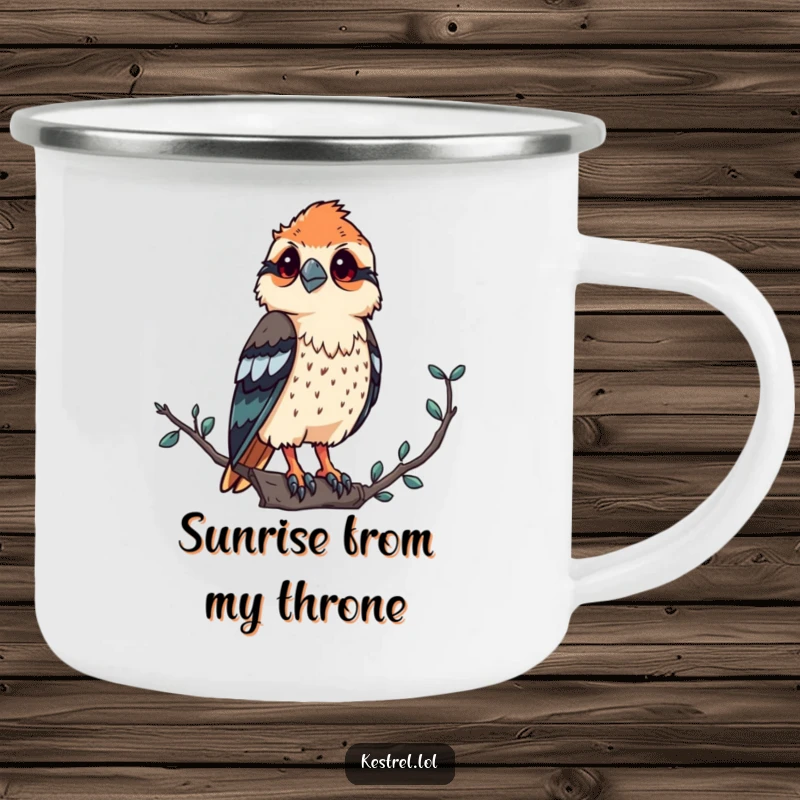 Funny kestrel camping mug showing a proud bird of prey observing from a high vantage point, perfect for outdoor use.