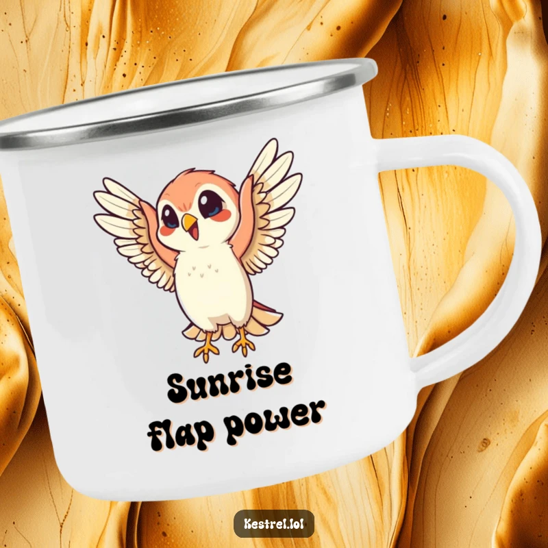 Funny camping mug featuring a cheerful kestrel character flapping its wings with infectious energy, perfect for sipping drinks outdoors with humor.