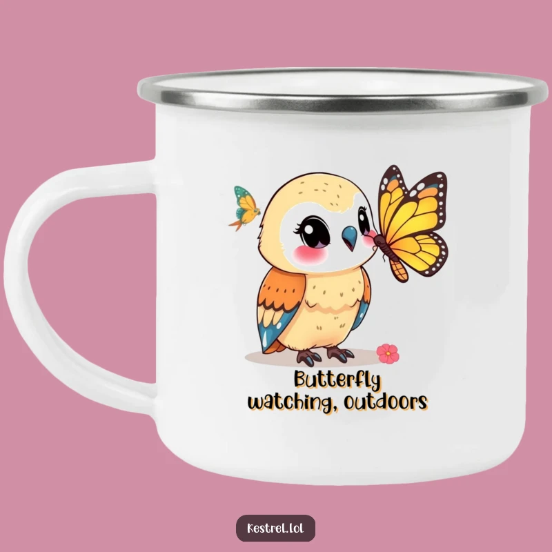 Funny Kestrel Camping Mug: Smiling at Butterfly - Peaceful Outdoor Gift